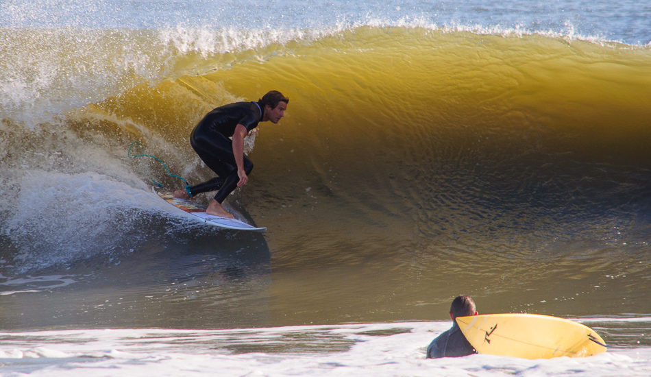 Nobody rides a left barrel on the Outer Banks better than Jesse Hines. Here he is practicing on a little one to get ready for the real juice in the upcoming winter months.